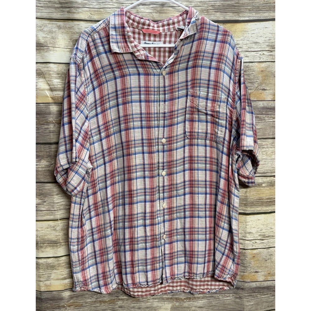 Tommy Bahama Men’s XL Plaid Short Sleeve Button Up Shirt Red White Blue Linen